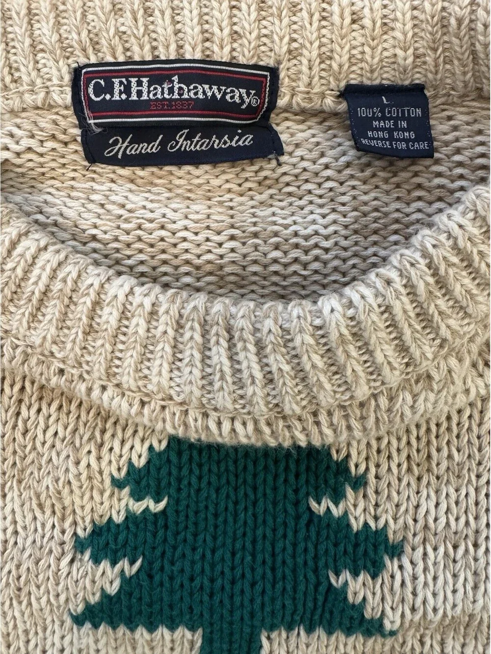 VTG C.F Hathaway Hand Intarsia Sweater Men’s L 100% Cotton Patchwork Graphic